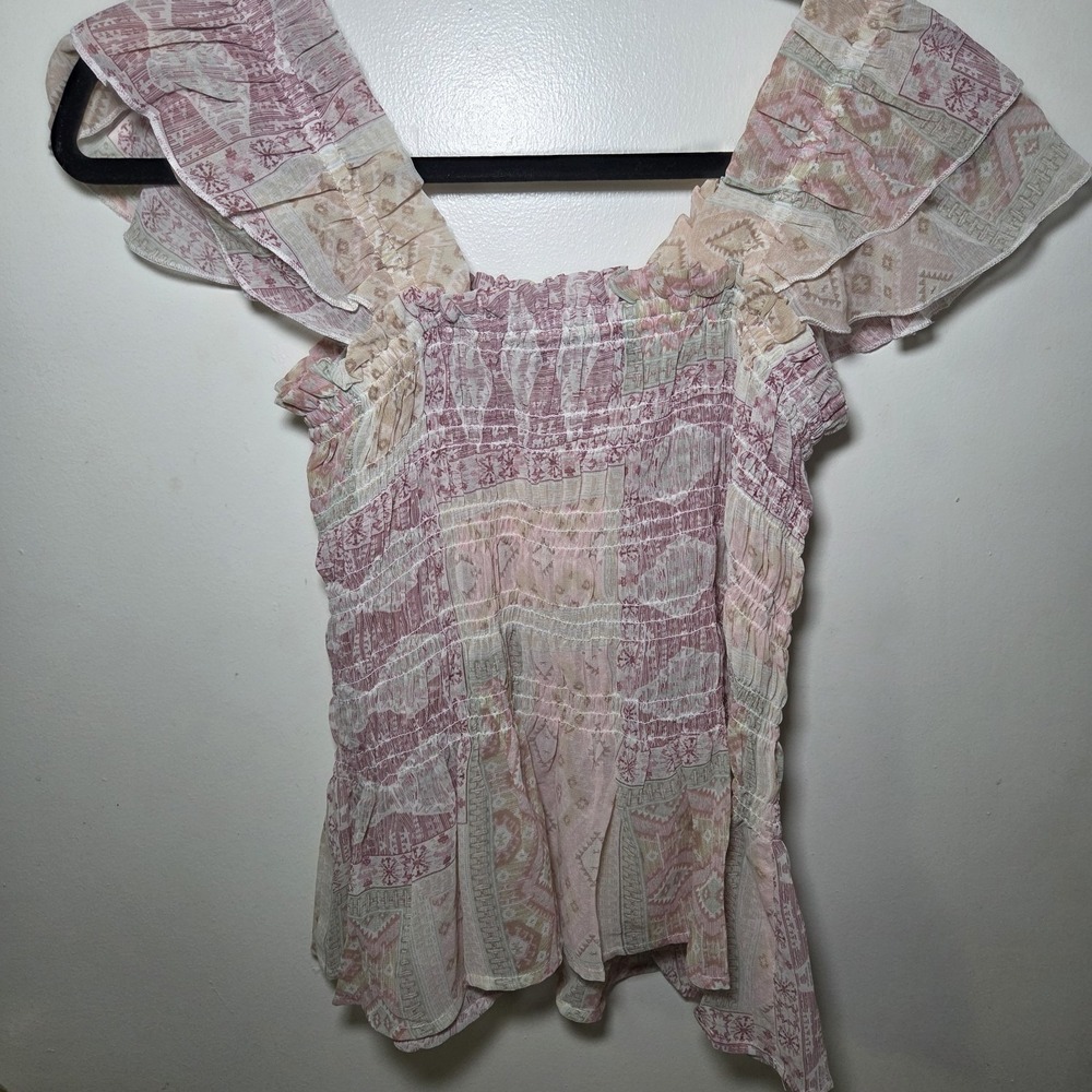 Pink Boho Smocked Peplum Sheer Top Ruffle Sleeve Geometric Patchwork Size‎ S - Picture 2 of 7